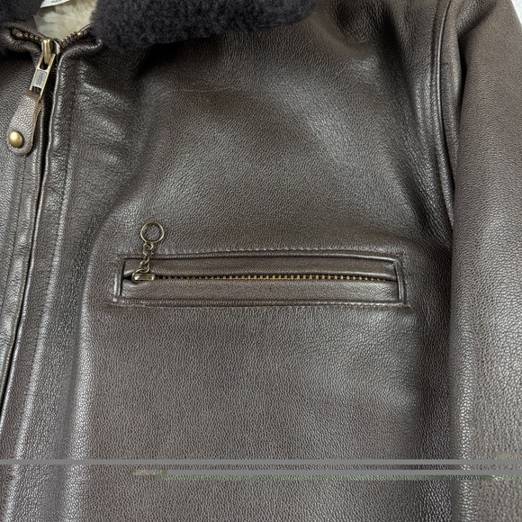 Vtg LL Bean Jacket Mens Medium Brown Leather Sherpa Pile Lined Bomber 90s USA - Picture 2 of 14